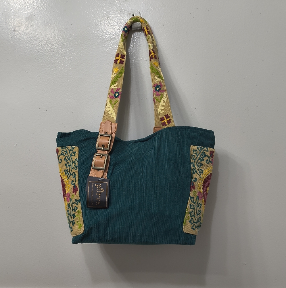 Purva Hand Made Floral Embroidered Green Corduroy Tote Bag Bobo Workwear Hippie